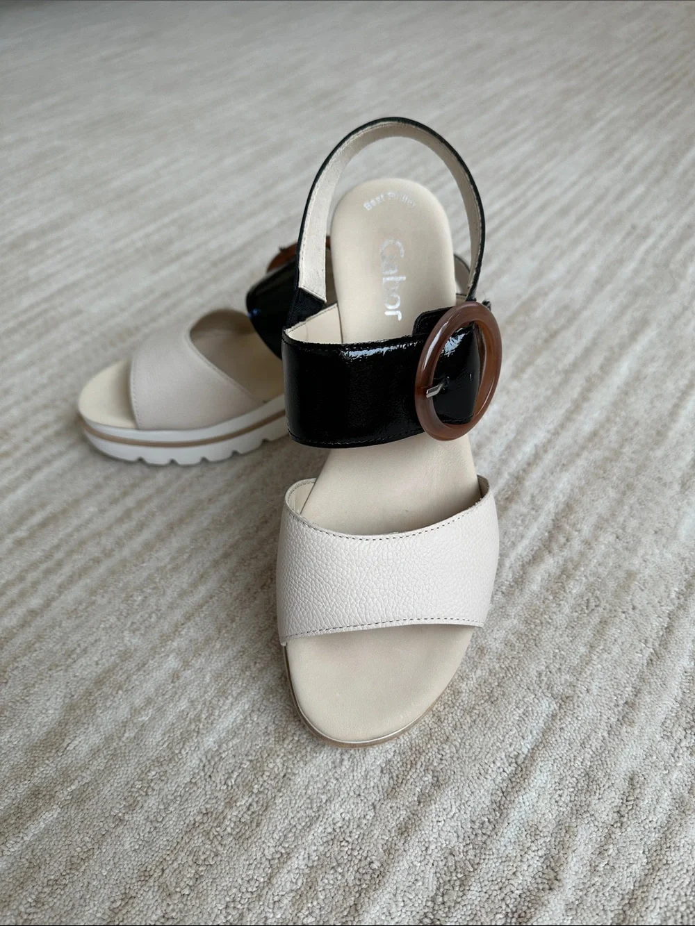 GABOR Freya Wedge Platform Sandal Beige with Black Patent Size UK 6.5 | US 9